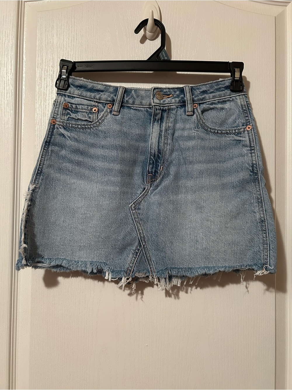 American Eagle Outfitters Super High Rise Blue Distressed Mini Skirt